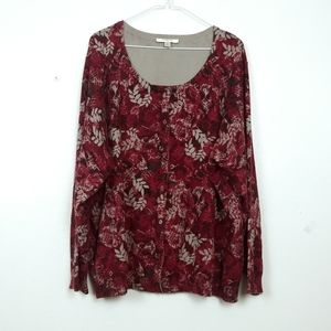 Liz Claiborne Red Cardigan with Floral Print and Scoop Neckline Size 3X